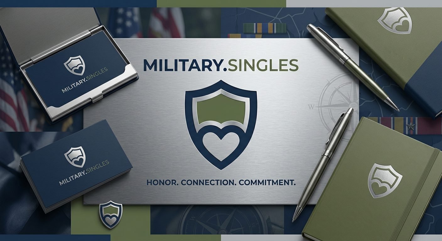 Military Singles brand board: navy and olive shield-heart on brushed steel